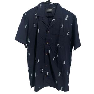 Scotch & Soda Mens Size M Navy Blue Button Front Short Sleeve Shirt Seahorses